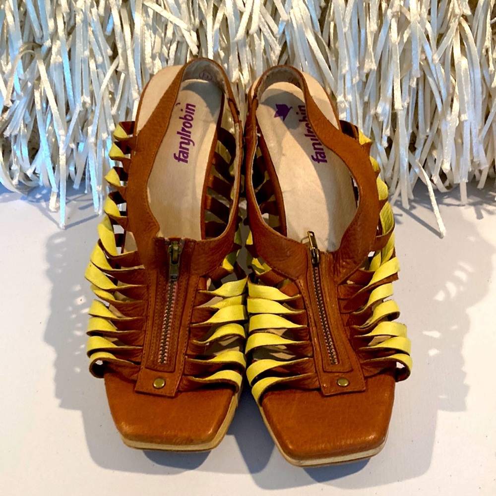 Summer Clearance Sale! Farylrobin Brown Yellow Shoes Sz11 (Fits 10 to 10.5)